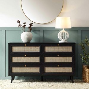 Frances Woven Rattan 6 Drawer Dresser, Black Bedroom