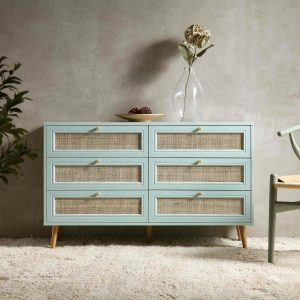 Frances Woven Rattan 6 Drawer Dresser, Mint Bedroom