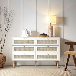 Frances Woven Rattan 6 Drawer Dresser, White Bedroom