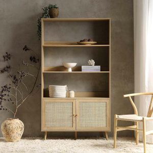 Frances Woven Rattan Bookcase With Doors, Natural Bookcases