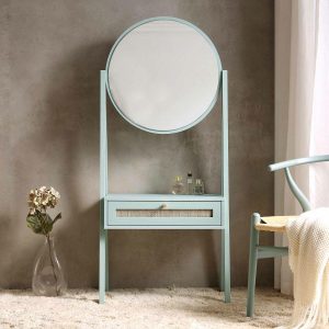 Frances Woven Rattan Standing Vanity Table With Mirror, Mint Bedroom