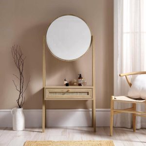 Frances Woven Rattan Standing Vanity Table With Mirror, Natural Bedroom