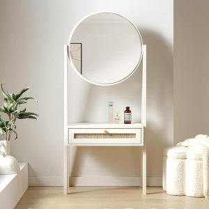 Frances Woven Rattan Standing Vanity Table With Mirror, White Bedroom