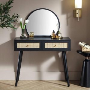 Frances Woven Rattan Vanity Table With Mirror, Black Bedroom