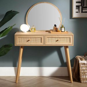 Frances Woven Rattan Vanity Table With Mirror, Natural Bedroom