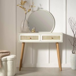 Frances Woven Rattan Vanity Table With Mirror, White Bedroom