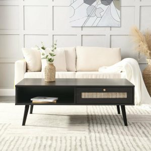 Frances Woven Rattan Wooden Coffee Table In Black Coffee Tables