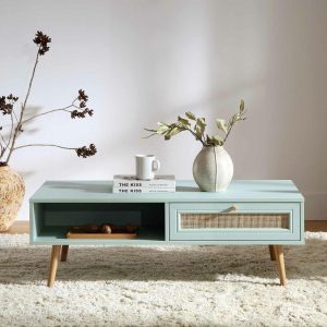 Frances Woven Rattan Wooden Coffee Table In Mint Coffee Tables