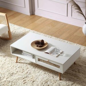 Frances Woven Rattan Wooden Coffee Table In White Coffee Tables