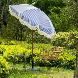 Gabriel Blue And White Striped Fringed Parasol With Tilt Accessories