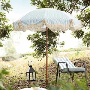 Gabriel Sage Green And White Striped Fringed Parasol With Tilt Garden