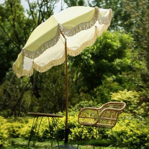 Gabriel Yellow And White Striped Fringed Parasol With Tilt Accessories