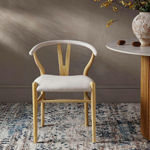 Hansel Wishbone Padded Dining Chair, Beige Fabric And Natural Frame Boucle Dining Chairs