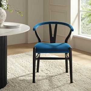 Hansel Wishbone Padded Dining Chair, Blue Velvet And Black Frame Boucle Dining Chairs