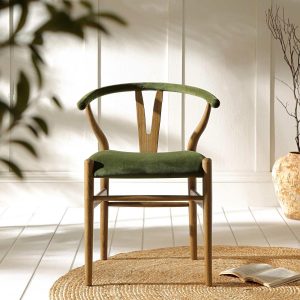 Hansel Wishbone Padded Dining Chair, Moss Green Velvet And Light Walnut Frame Boucle Dining Chairs