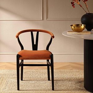 Hansel Wishbone Padded Dining Chair, Rust Velvet And Black Frame Boucle Dining Chairs