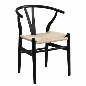 Hansel Wooden Natural Weave Wishbone Dining Chair, Black Frame Boucle Dining Chairs