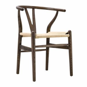 Hansel Wooden Natural Weave Wishbone Dining Chair, Dark Walnut Frame Boucle Dining Chairs