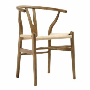 Hansel Wooden Natural Weave Wishbone Dining Chair, Light Walnut Frame Boucle Dining Chairs