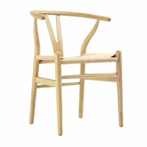 Hansel Wooden Natural Weave Wishbone Dining Chair, Natural Frame Boucle Dining Chairs