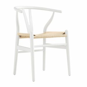 Hansel Wooden Natural Weave Wishbone Dining Chair, White Frame Boucle Dining Chairs