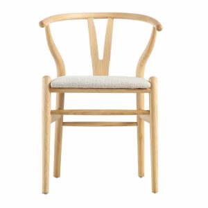 Hansel Wooden Wishbone Dining Chair, Ivory White Boucle And Natural Frame Boucle Dining Chairs