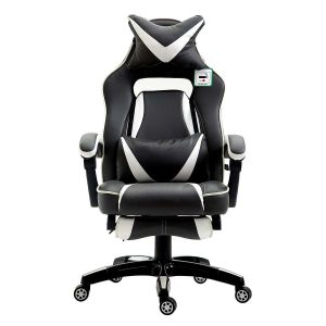 High Back Recliner Gaming Swivel Chair With Footrest & Adjustable Lumbar & Head Cushion, Mr49 Black & White Desk Chairs