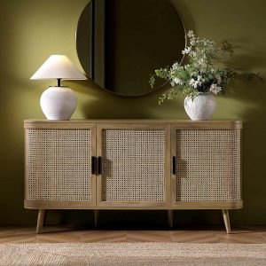 Izzy Curved Rattan Large 3-Door Sideboard, Natural Cabinets And Sideboards