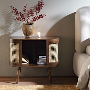 Izzy Curved Rattan Nightstand, Walnut Bedroom