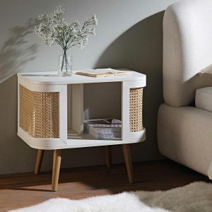 Izzy Curved Rattan Nightstand, White Bedroom