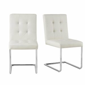 Keyston Set Of 2 Cream White Pu Leather Upholstered Dining Chairs With Chrome Legs Dining