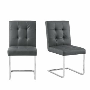 Keyston Set Of 2 Dark Grey Pu Leather Upholstered Dining Chairs With Chrome Legs Dining