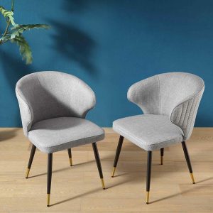 Langham Set Of 2 Gray Woven Fabric Carver Dining Chairs With Fluted Back Dining