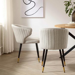 Langham Set Of 2 Oatmeal Woven Fabric Carver Dining Chairs With Fluted Back Dining