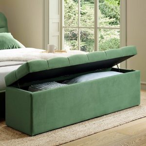 Leamington Deep-Buttoned Ottoman Storage Bench, Meadow Green Velvet Bedroom