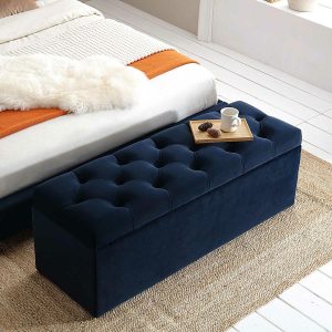 Leamington Deep-Buttoned Ottoman Storage Bench, Midnight Blue Velvet Bedroom