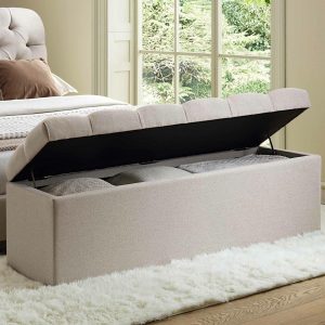 Leamington Deep-Buttoned Ottoman Storage Bench, Oatmeal Fabric Bedroom