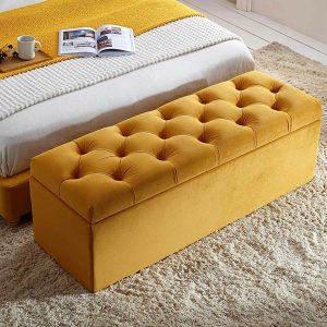 Leamington Deep-Buttoned Ottoman Storage Bench, Turmeric Yellow Velvet Bedroom