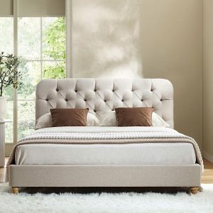 Leamington Deep-Buttoned Upholstered Bed, Oatmeal Fabric Bed Frames