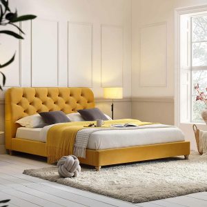 Leamington Deep-Buttoned Upholstered Bed, Turmeric Yellow Velvet Bed Frames