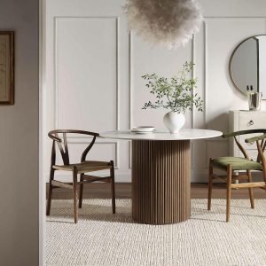 Maru Ceramic Top Silver Oak Pedestal Round Dining Table Dining