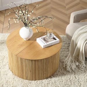 Maru Oak Round Coffee Table With Storage, Oak Coffee Tables