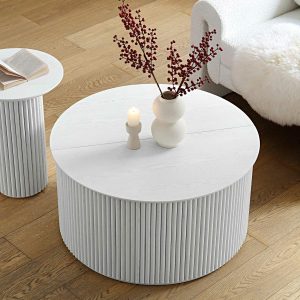 Maru Oak Round Coffee Table With Storage, Washed White Coffee Tables