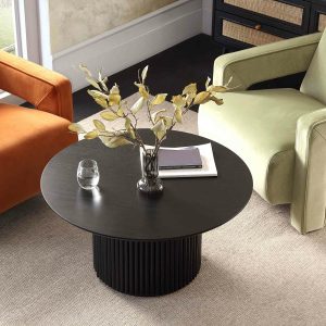 Maru Round Oak Pedestal Coffee Table, Black Coffee Tables