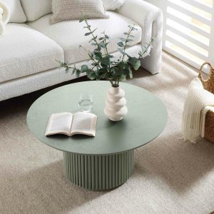 Maru Round Oak Pedestal Coffee Table, Sage Green Coffee Tables