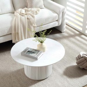 Maru Round Oak Pedestal Coffee Table, Washed White Coffee Tables