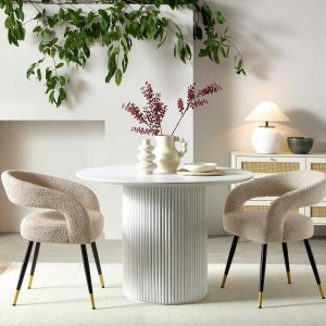 Maru Round Oak Pedestal Dining Table, Washed White Dining