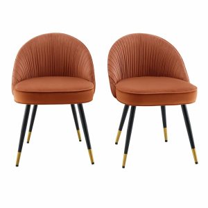 Miyae Set Of 2 Pleated Burnt Orange Velvet Upholstered Dining Chairs Dining