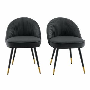 Miyae Set Of 2 Pleated Charcoal Velvet Upholstered Dining Chairs Dining