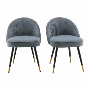 Miyae Set Of 2 Pleated Light Gray Velvet Upholstered Dining Chairs Dining